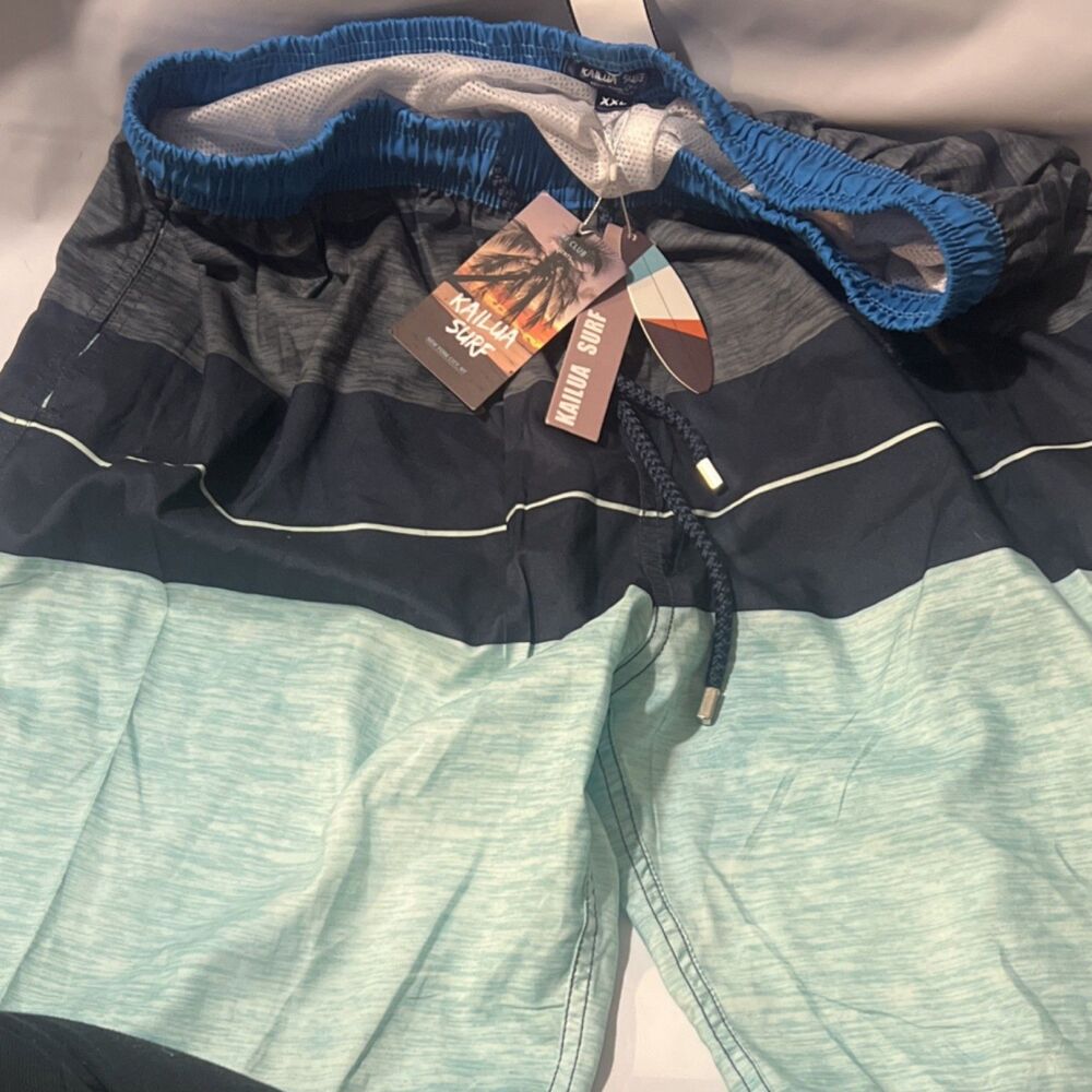 Kailua Surf Men's XXL Swim Shorts Blue Black Gray Colorblock Mesh Drawstring